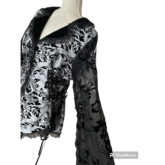 CYKXTEES Creative Brand Corset Blouse Sheer Sleeves Velvet Collar Long Tail - Picture 3 of 16